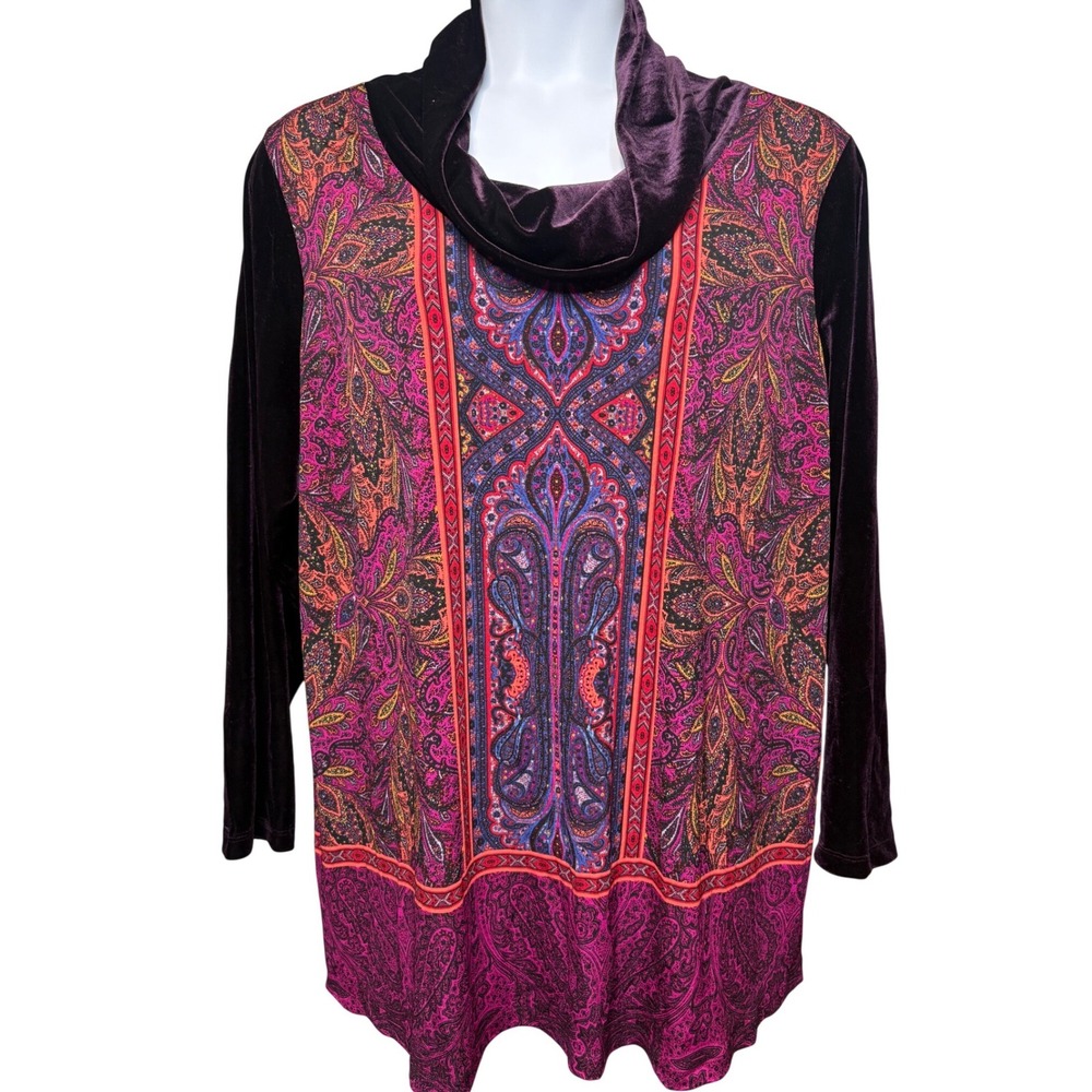 SUSAN GRAVER Womens Purple Paisley Velvet Cowl Neck Tunic Top 2X Flowy Boho Mod